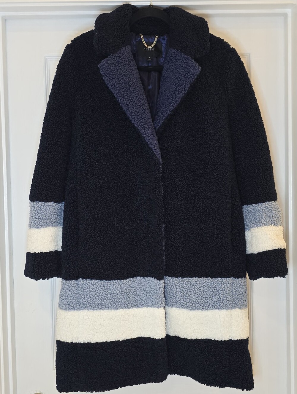J. Crew Navy Teddy Coat with Light Blue and White Stripes